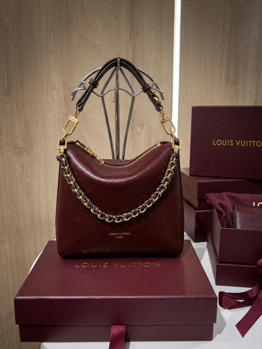 Burgundy Louis Vuitton Multipass handbag is crafted from smooth calfskin leather and adorned with a removable gold-toned braided chain