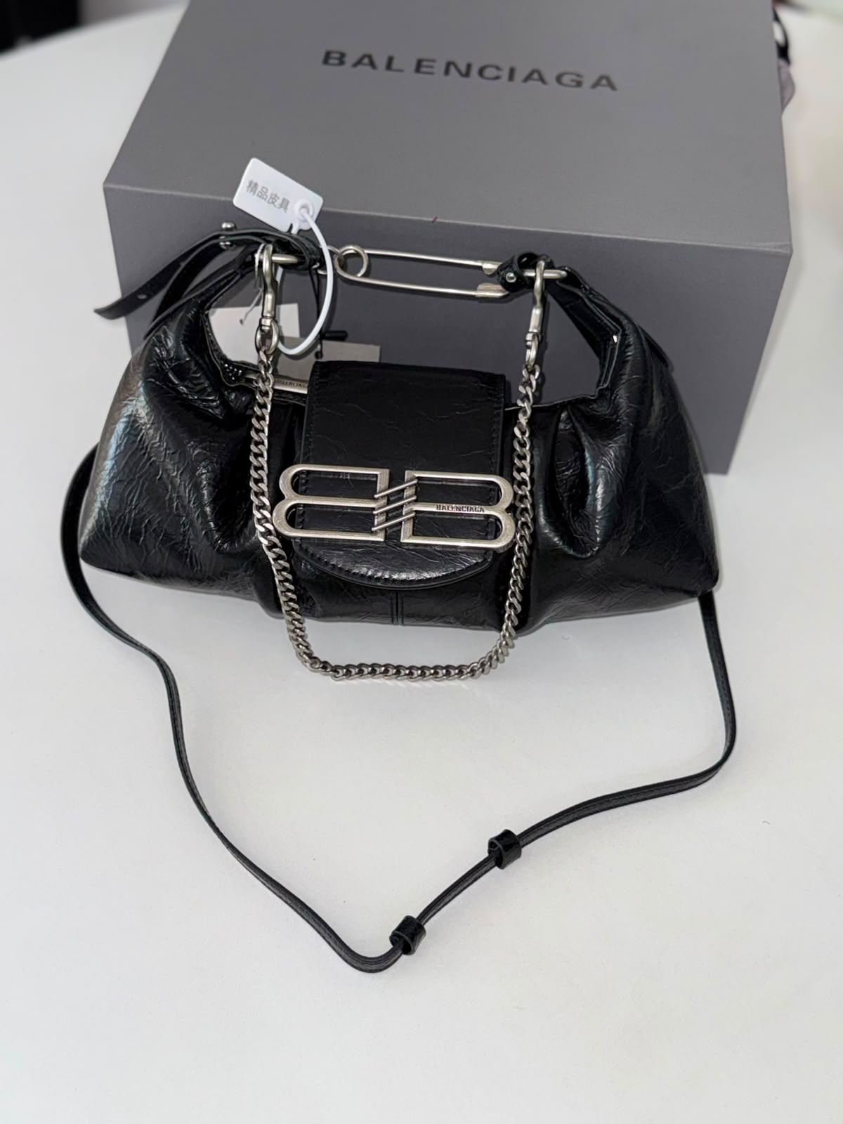 Balenciaga Small Pamela Shoulder Bag featuring crinkled leather and a silver-tone chain