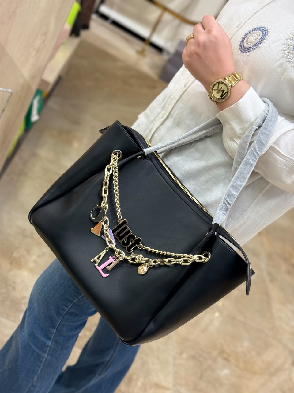 JUST CAVALLI Black Leather Shoulder Bag with Charm Chain