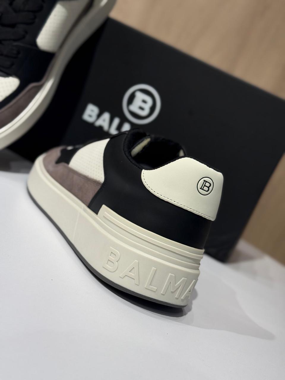 Balmain Court Leather & Suede Sneakers – Tri-Tone Luxury