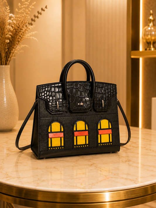 Hermès Birkin-Inspired Black Crocodile-Embossed Handbag – Window Detail