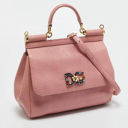 Dolce & Gabbana Pink Lizard Embossed Leather Medium Crystal DG Miss Sicily Top Handle Bag