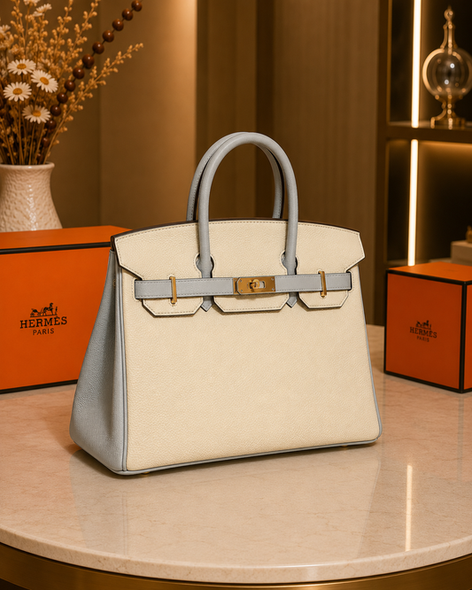 Hermès Birkin Handbag – Ivory & Grey Leather with Gold Hardware
