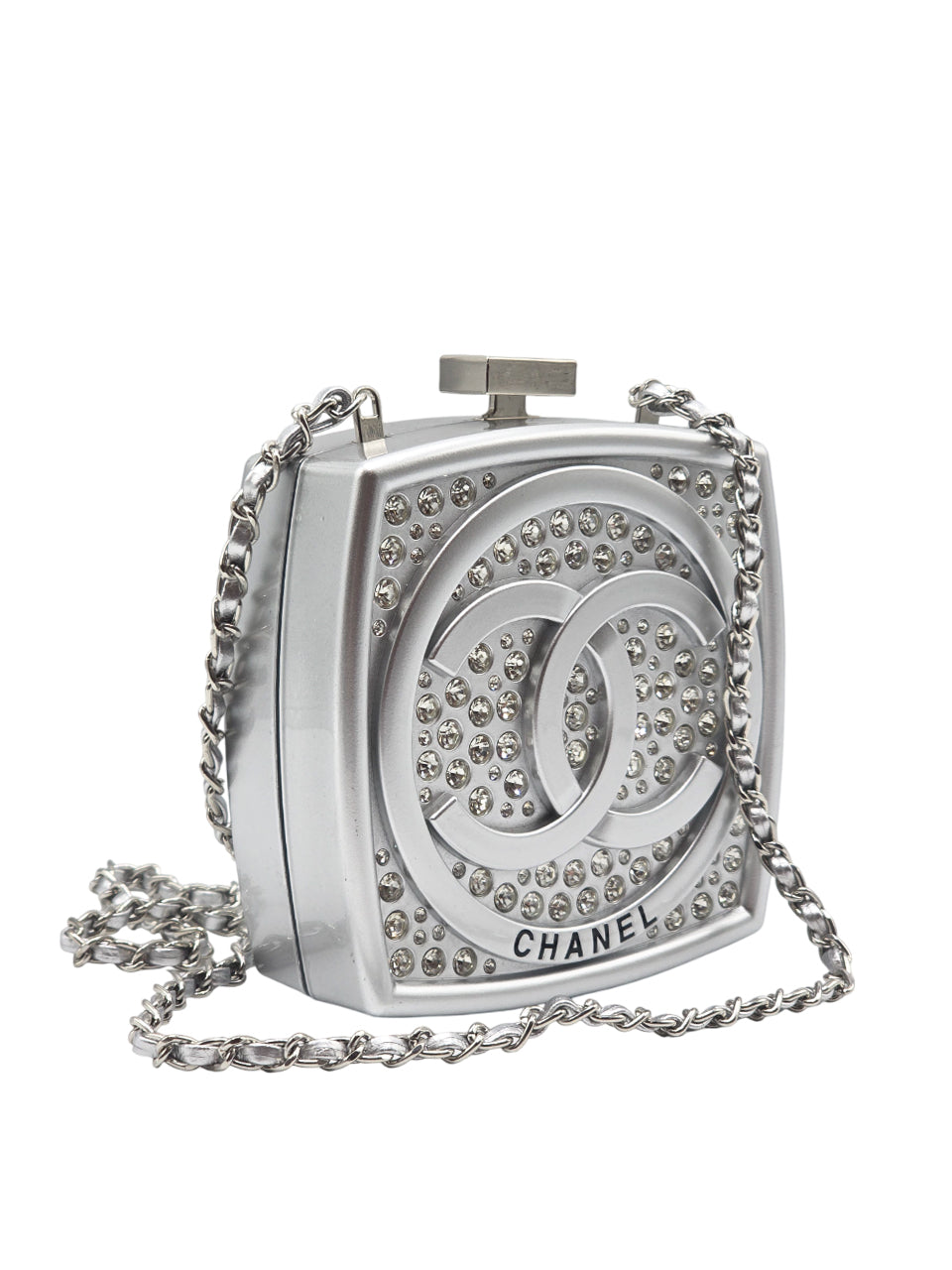 Chanel small clutch with crystal-embellished shoulder chain in silver