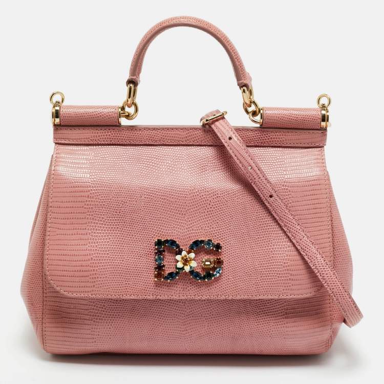 Dolce & Gabbana Pink Lizard Embossed Leather Medium Crystal DG Miss Sicily Top Handle Bag
