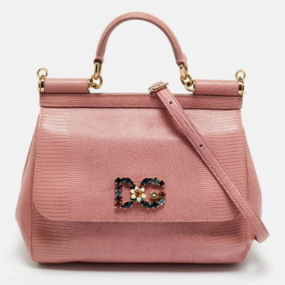 Dolce & Gabbana Pink Lizard Embossed Leather Medium Crystal DG Miss Sicily Top Handle Bag