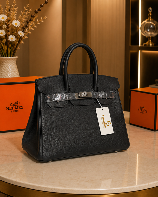 Birkin-Inspired Handbag – Black Leather with Silver Hardware