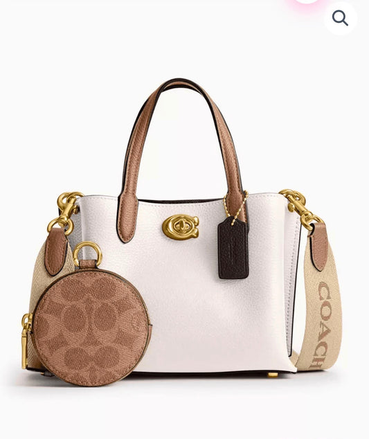 COACH White & Tan Willow Mini Tote with Coin Case