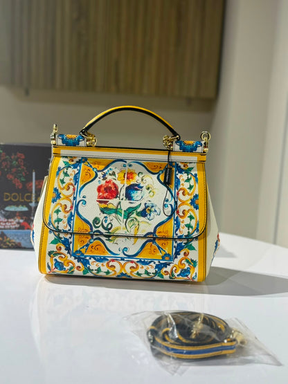 Dolce & Gabbana Multicolor Majolica Print Leather Small Miss Sicily Top Handle Bag