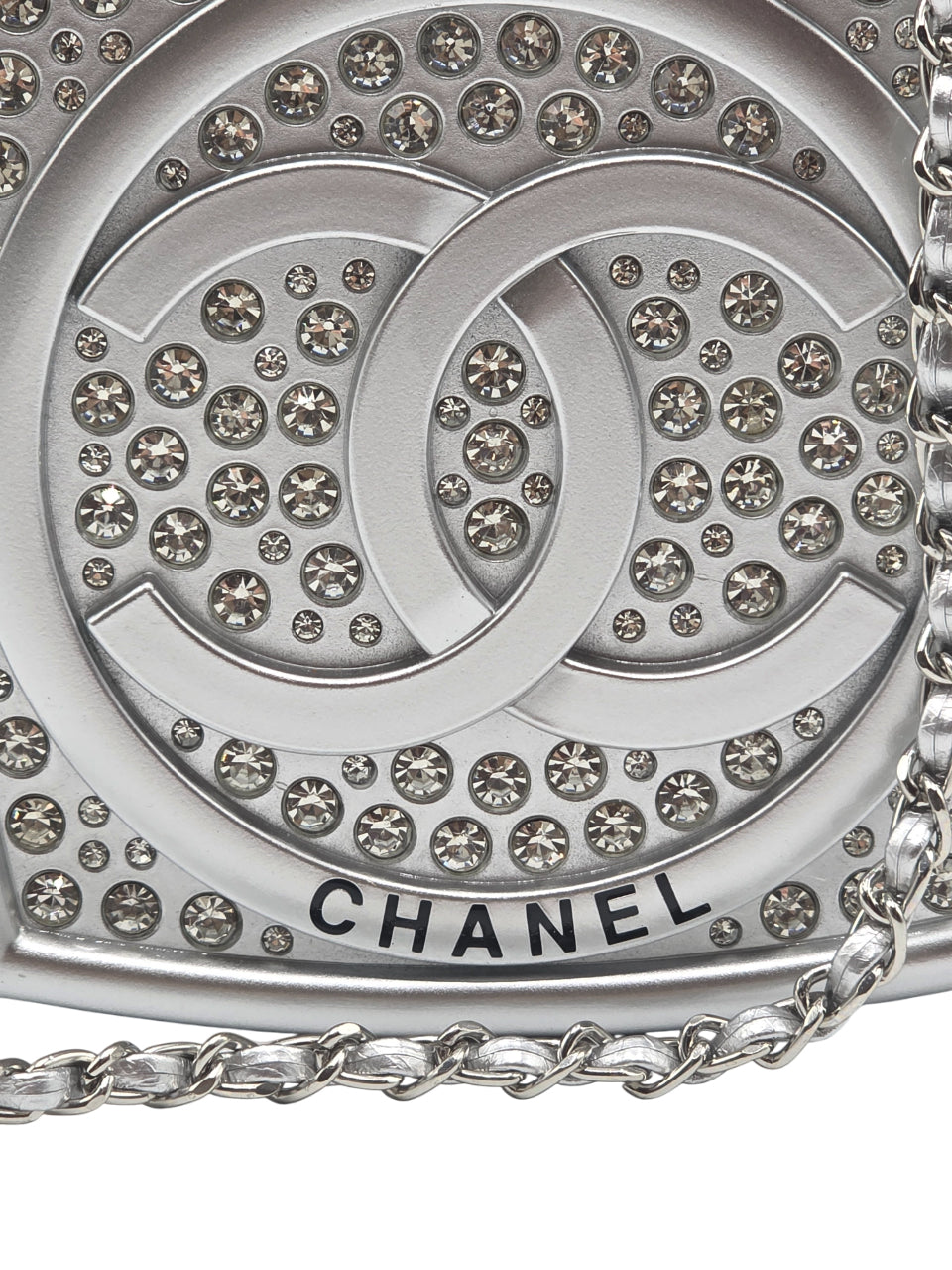 Chanel small clutch with crystal-embellished shoulder chain in silver