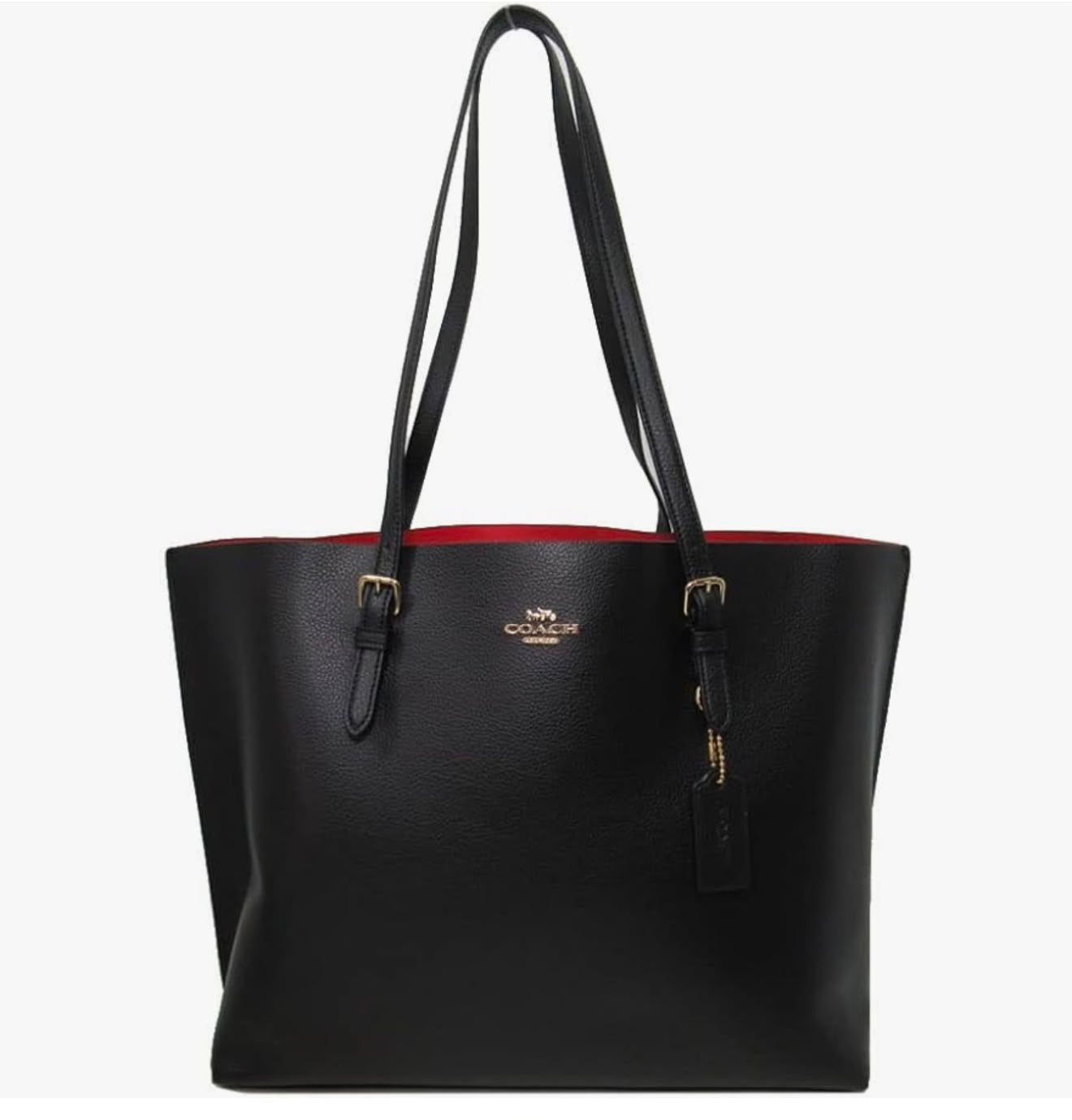 COACH Pebbled Leather Zip-Top Tote Bag Black Red