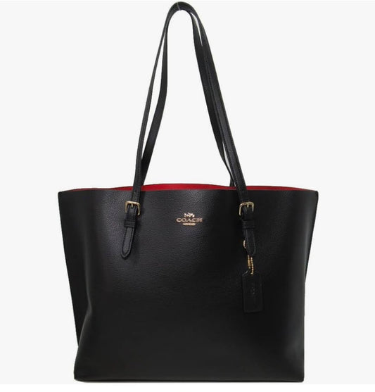 COACH Pebbled Leather Zip-Top Tote Bag Black Red