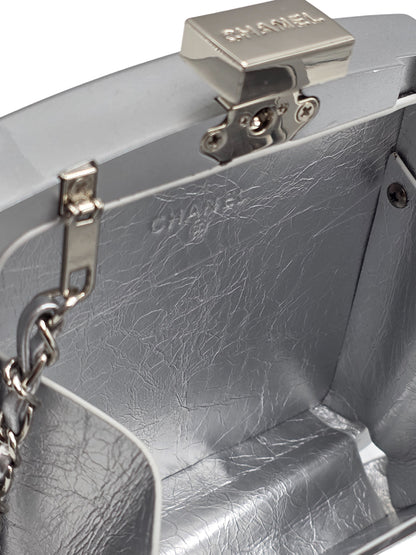 Chanel small clutch with crystal-embellished shoulder chain in silver