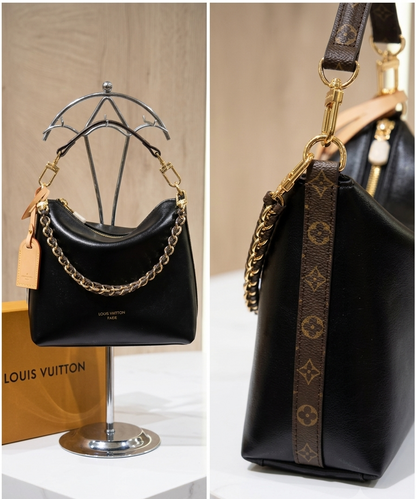 Black Louis Vuitton Multipass handbag is crafted from smooth calfskin leather and adorned with a removable gold-toned braided chain