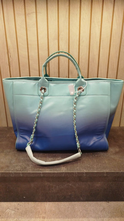 Chanel Shaded Calfskin Deauville Tote Light Green Turquoise Purple