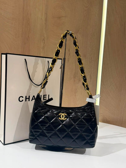 Chanel Leather Chain Shoulder Hobo Bag