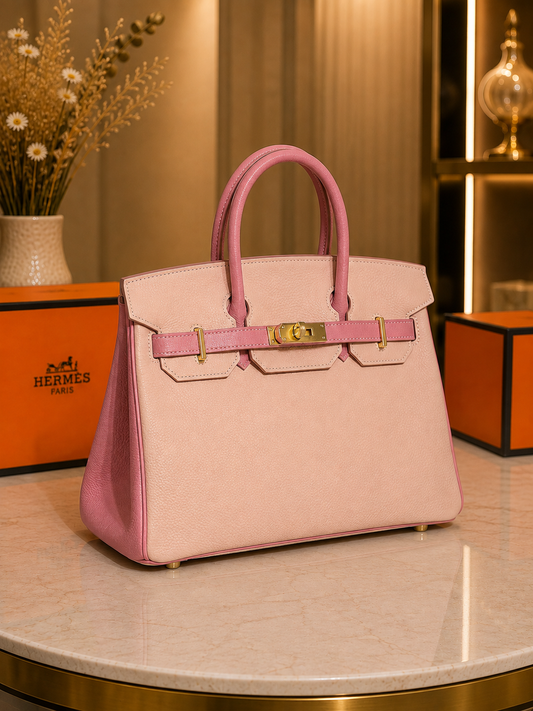 Birkin-Inspired Handbag – Blush Pink & Rose Pink Leather with Gold Hardware