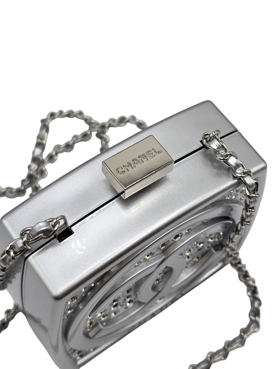 Chanel small clutch with crystal-embellished shoulder chain in silver