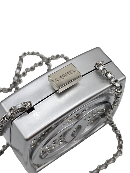 Chanel small clutch with crystal-embellished shoulder chain in silver