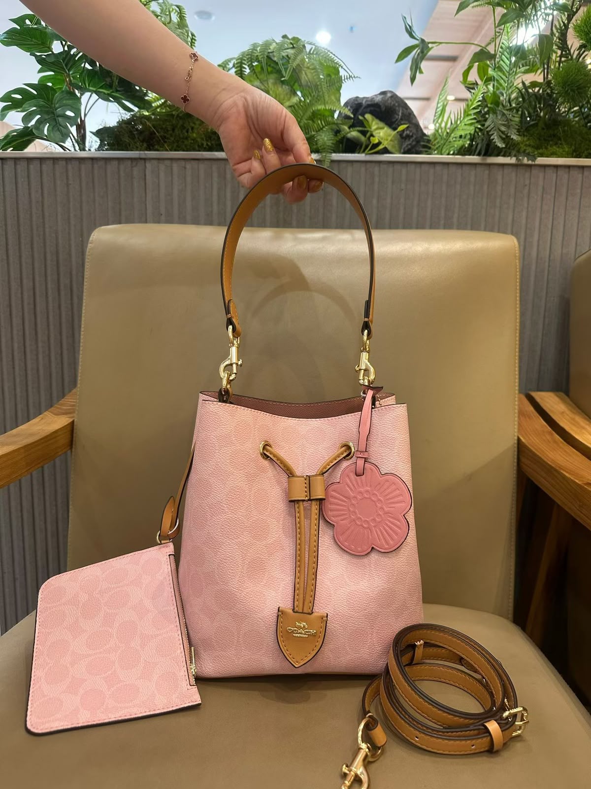 COACH Signature Canvas Blush Pink Drawstring Bucket Bag