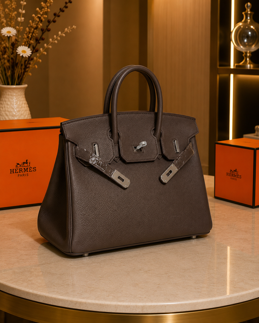 Birkin-Inspired Handbag – Chocolate Brown Leather with Silver Hardware