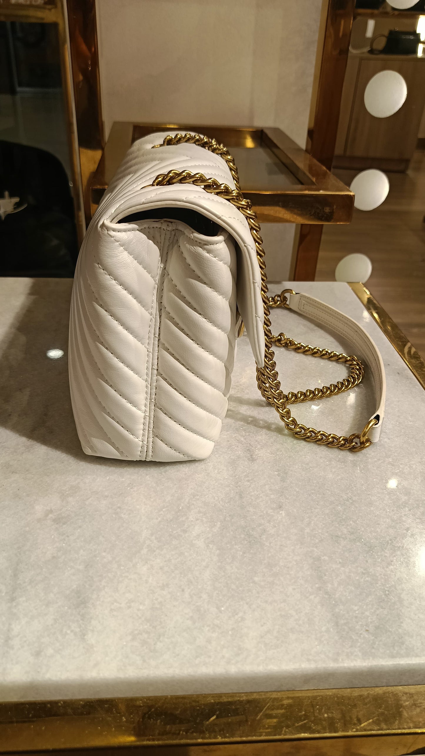 PINKO White Quilted Chevron Mini Bag with Gold Bird Lock