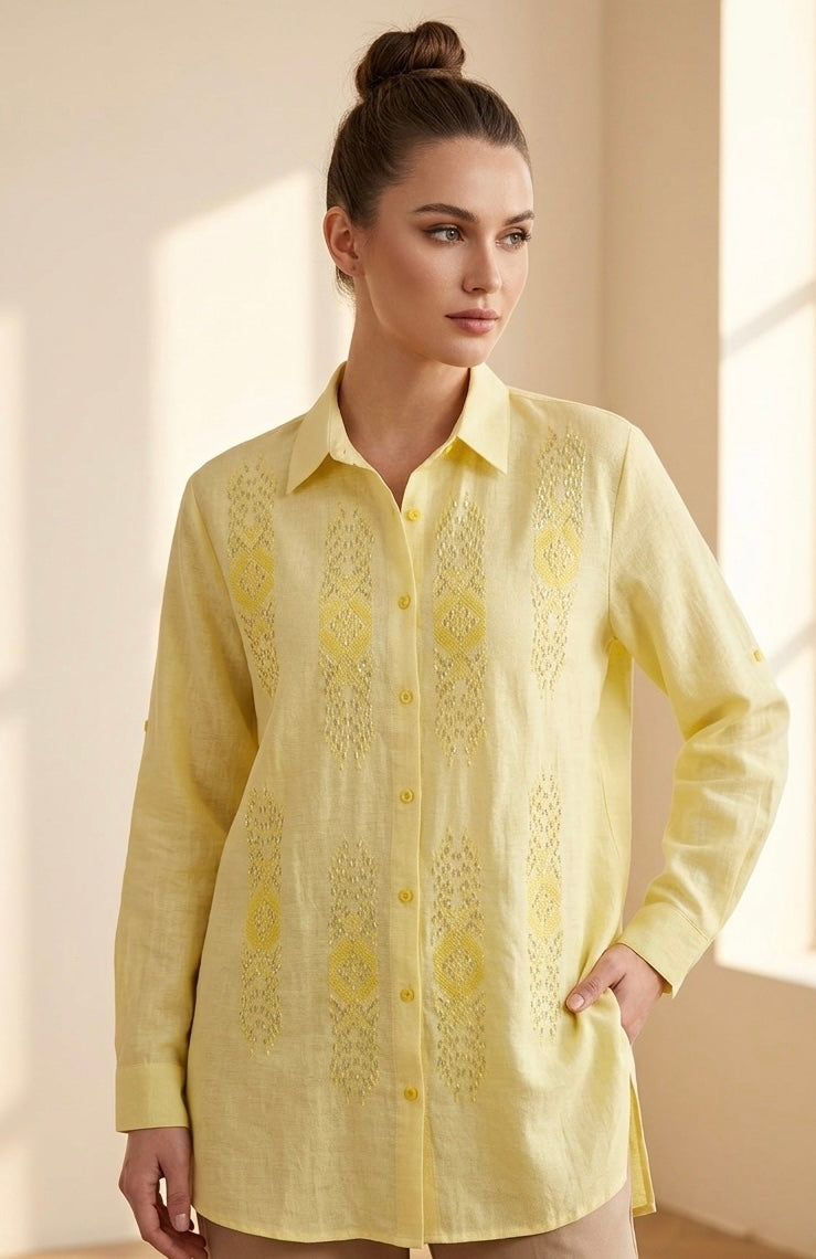 Quartz Geometric Embroidered Linen Shirt