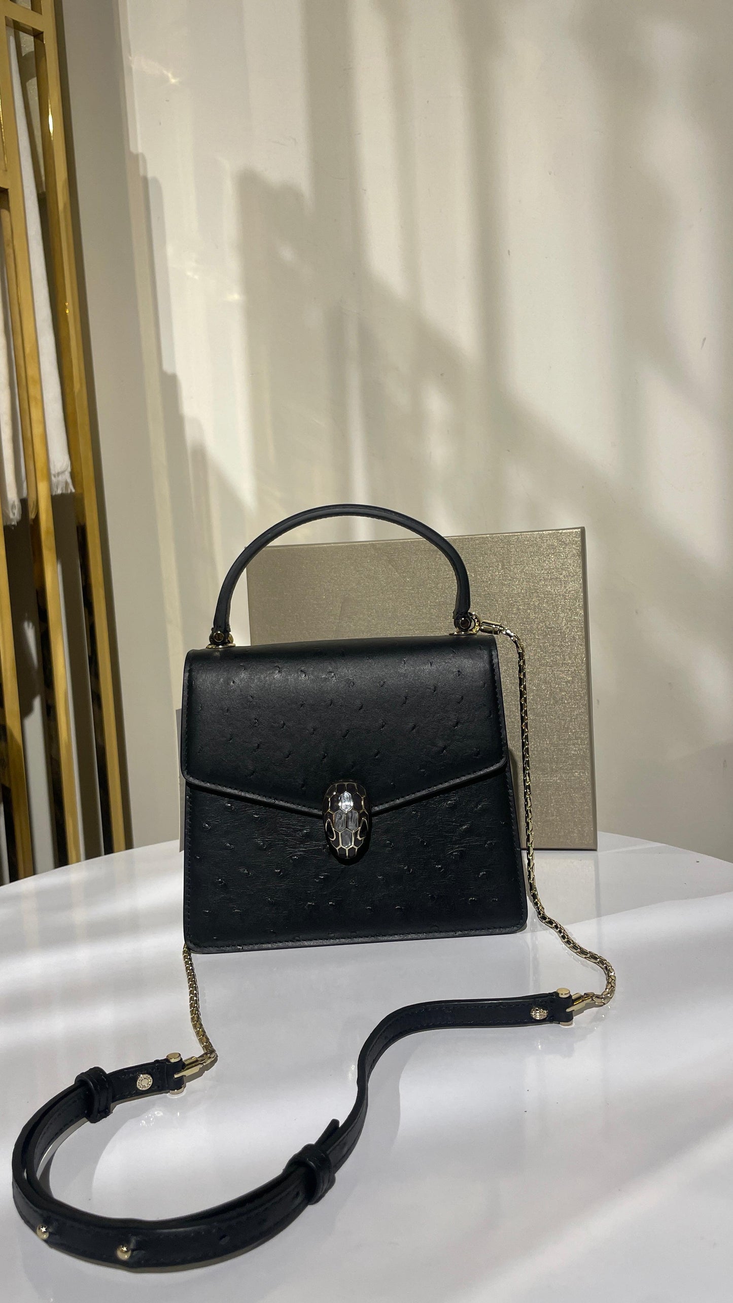 Bvlgari Serpenti Forever Black Ostrich Leather Top Handle Bag