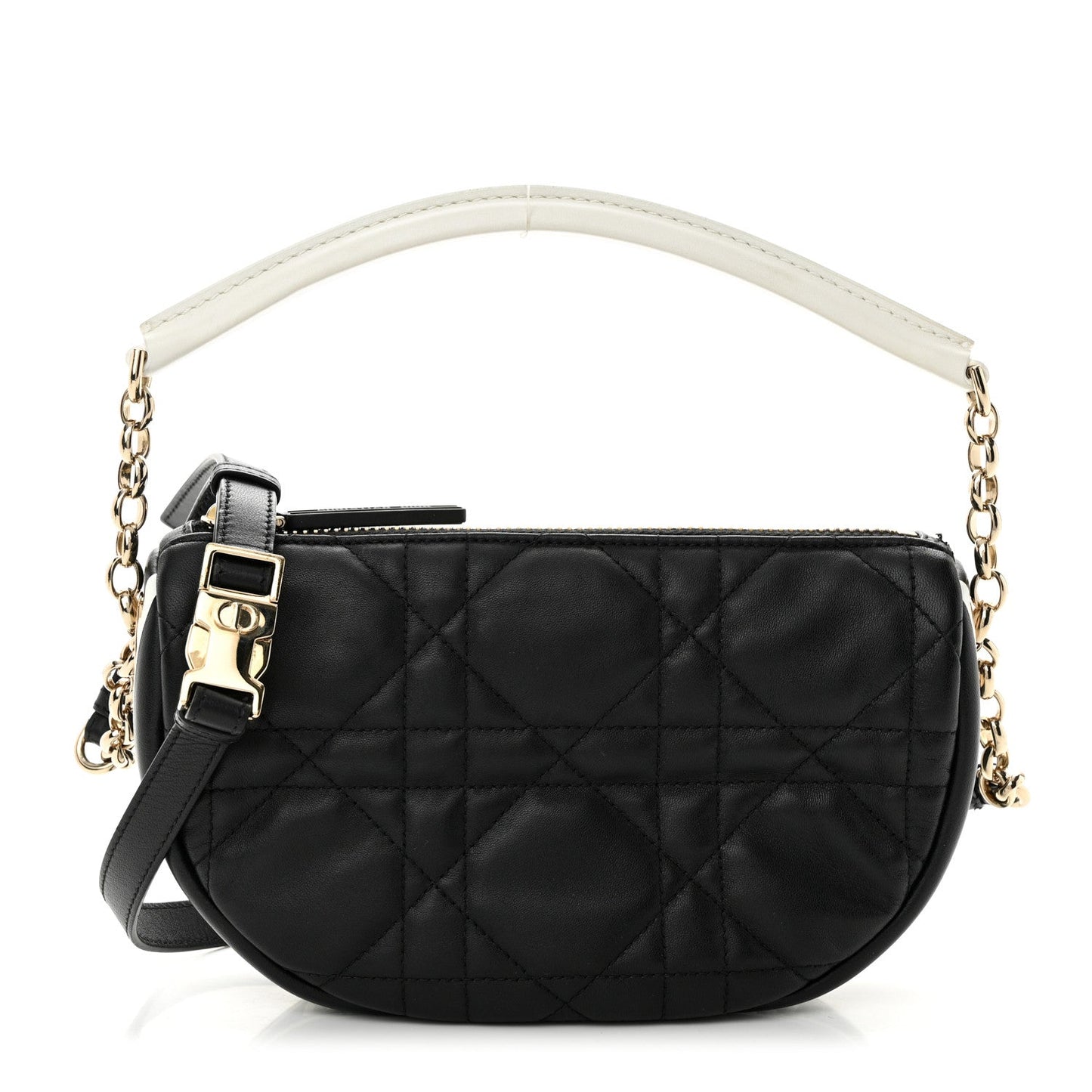 Christian Dior Vibe bag features black cannage quilted lambskin leather with a distinct half-moon shape