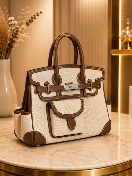 Birkin-Inspired Canvas & Leather Handbag – Ivory & Brown