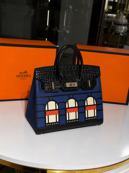 Hermès Birkin-Inspired Blue & Black Crocodile-Embossed Handbag – Architectural Window Detail