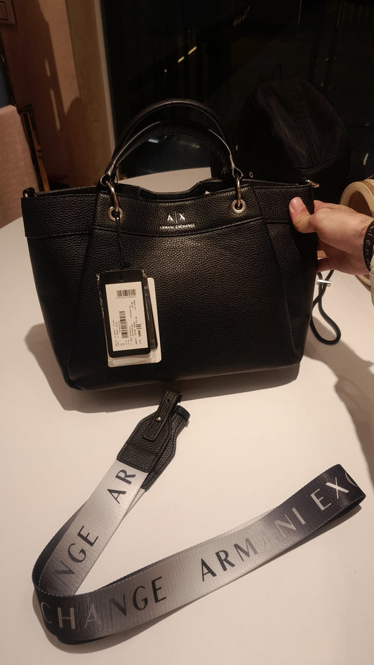 Armani Exchange Black Pebbled Leather Tote with Logo Strap
