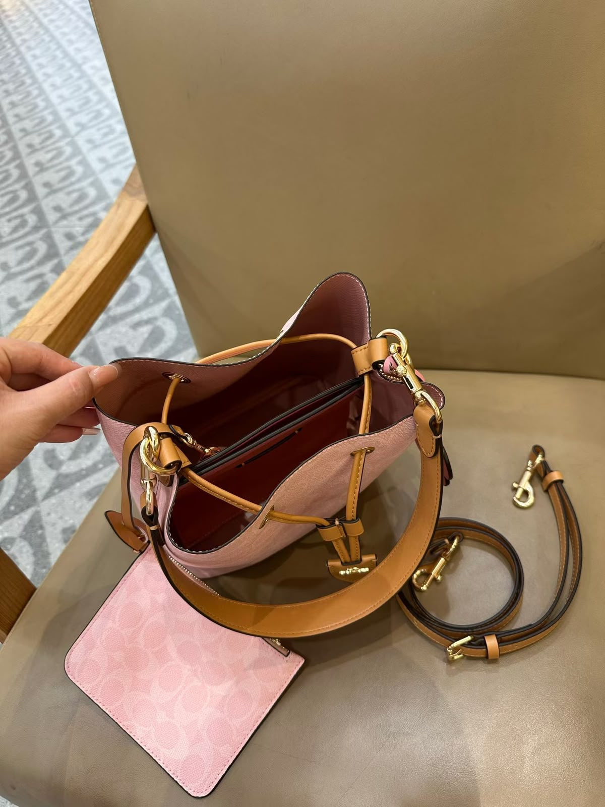 COACH Signature Canvas Blush Pink Drawstring Bucket Bag
