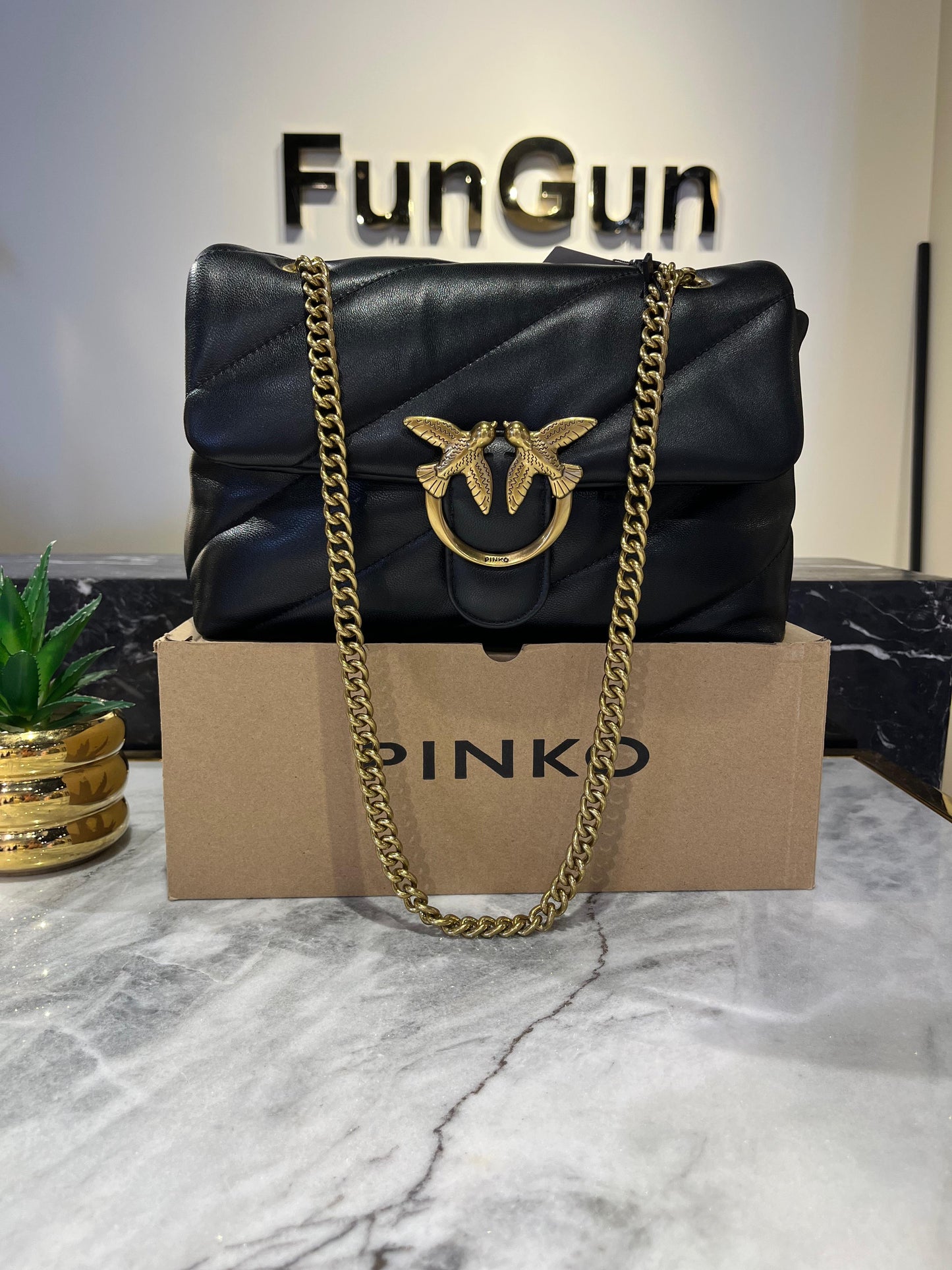 PINKO Black Quilted Mini Bag with Gold Bird Lock