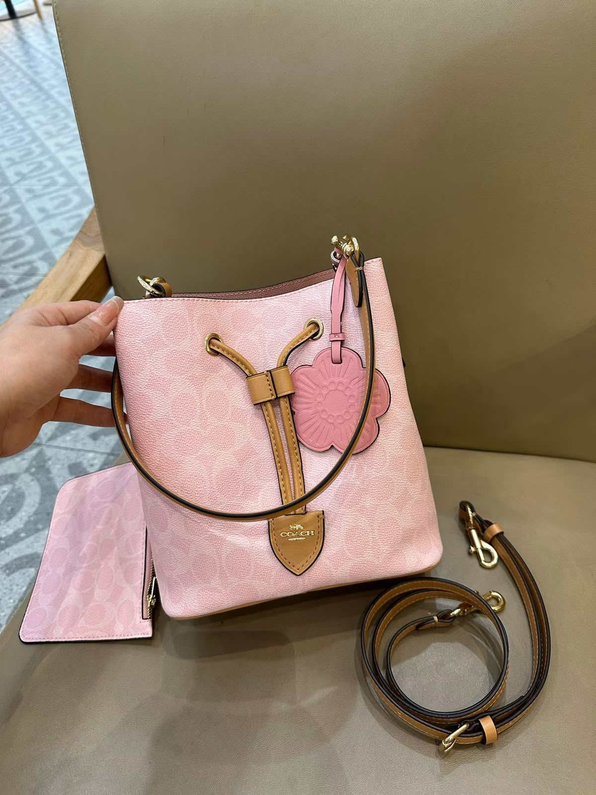 COACH Signature Canvas Blush Pink Drawstring Bucket Bag