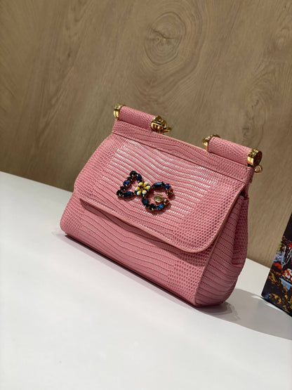 Dolce & Gabbana Pink Lizard Embossed Leather Medium Crystal DG Miss Sicily Top Handle Bag