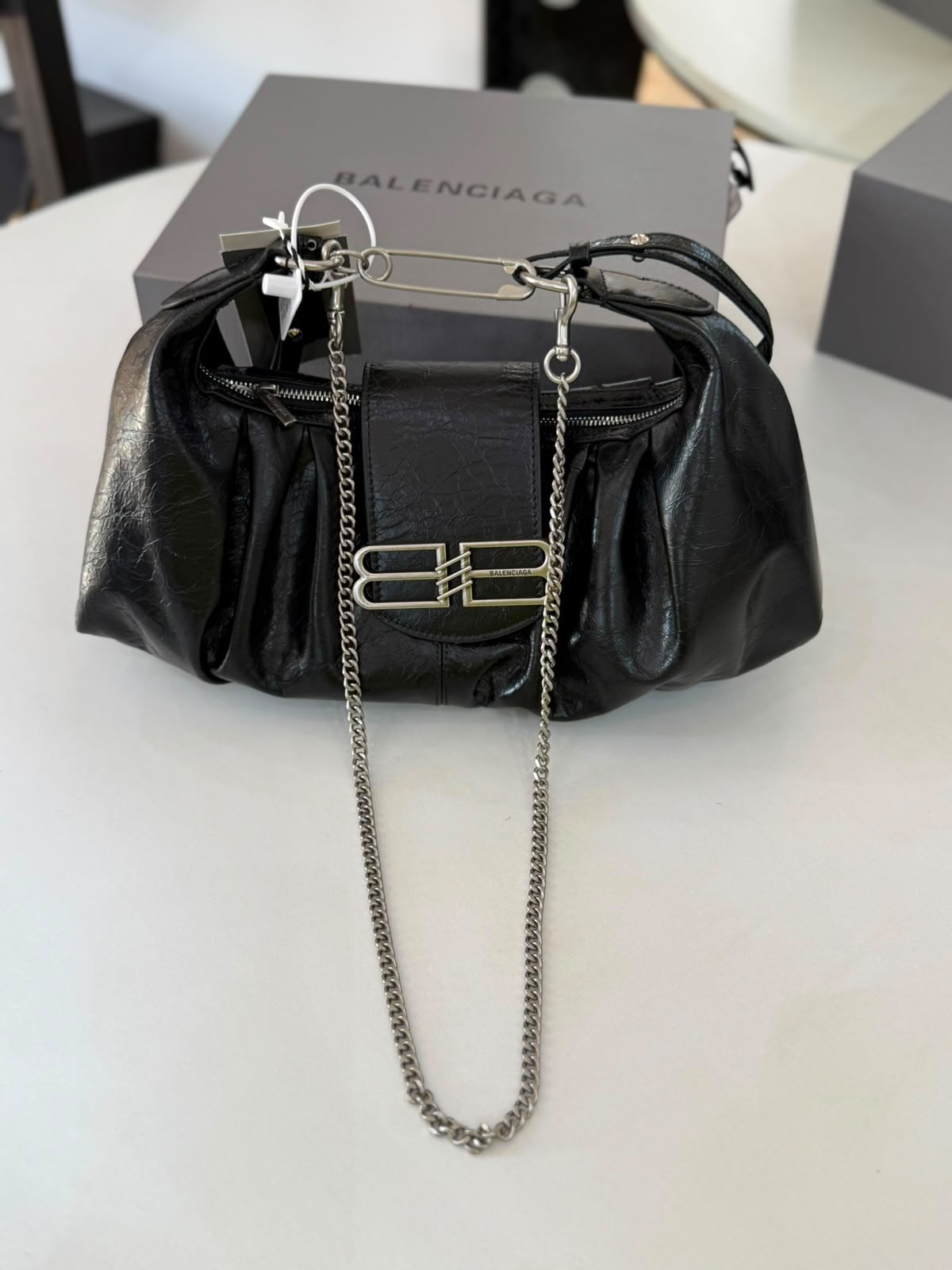 Balenciaga Small Pamela Shoulder Bag featuring crinkled leather and a silver-tone chain