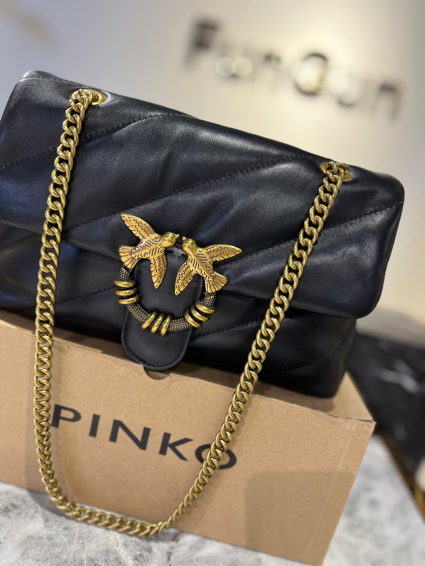 PINKO Black Quilted Mini Bag with Gold Bird Lock
