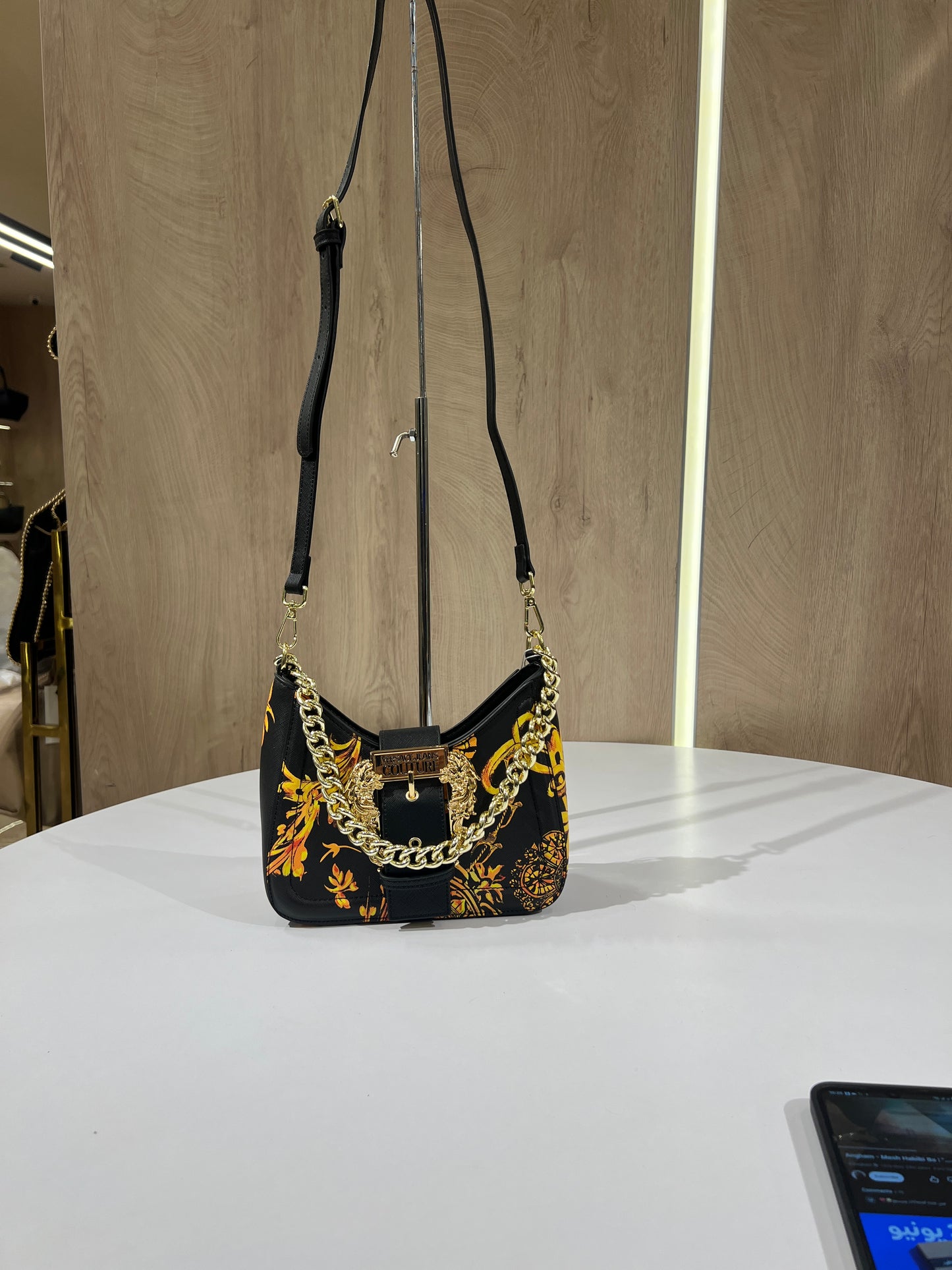 VERSACE WOMEN Logo Buckle Baroque Shoulder Bag Black