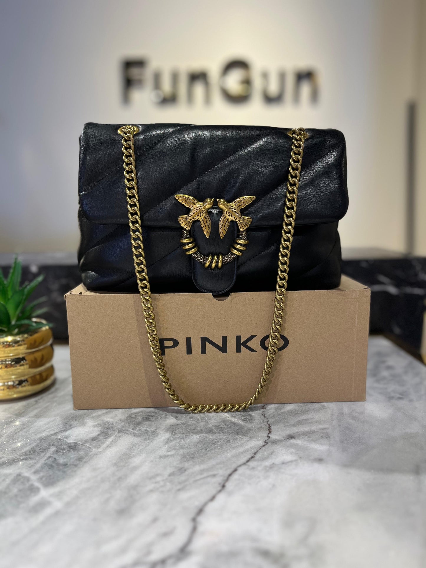 PINKO Black Quilted Mini Bag with Gold Bird Lock