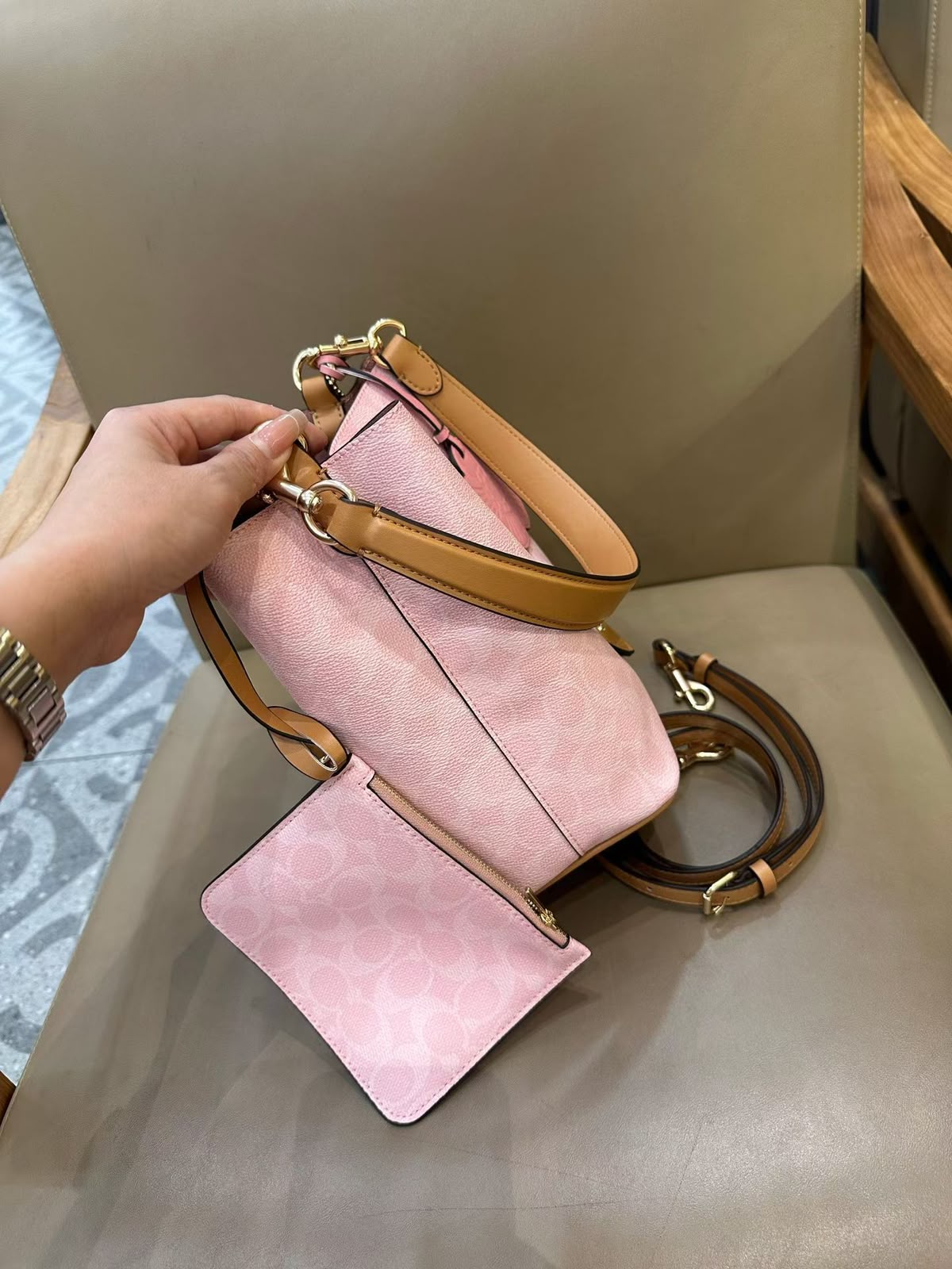COACH Signature Canvas Blush Pink Drawstring Bucket Bag