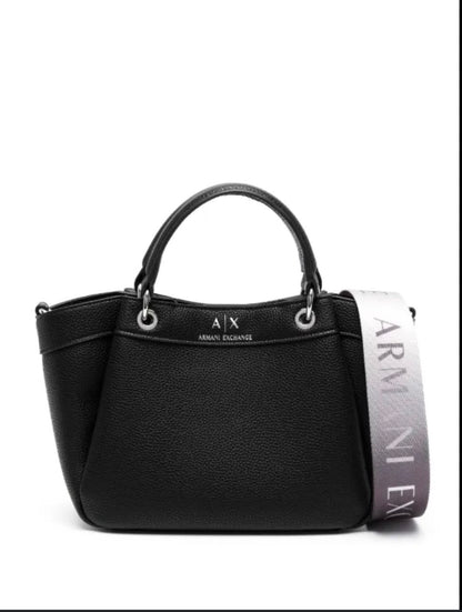 Armani Exchange Black Pebbled Leather Tote with Logo Strap