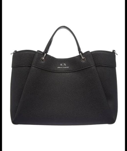Armani Exchange Black Pebbled Leather Tote with Logo Strap