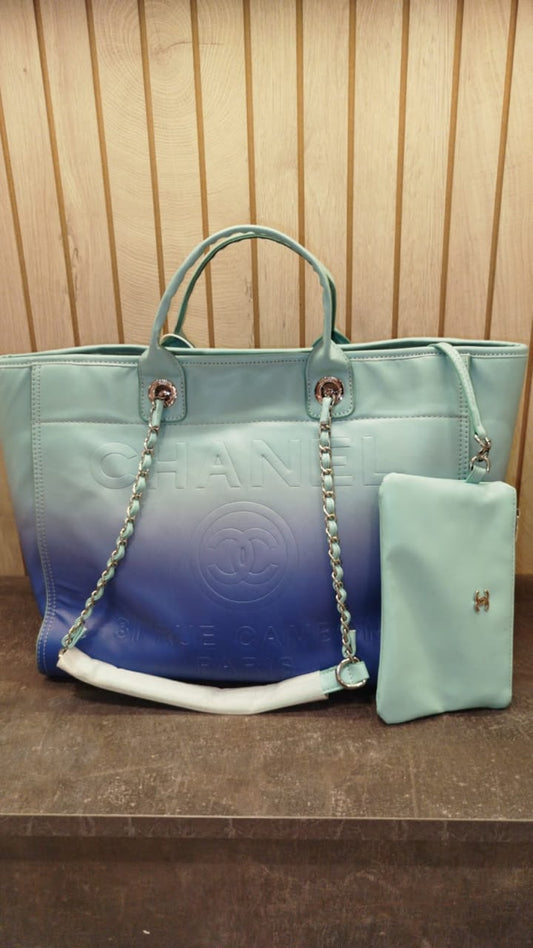 Chanel Shaded Calfskin Deauville Tote Light Green Turquoise Purple