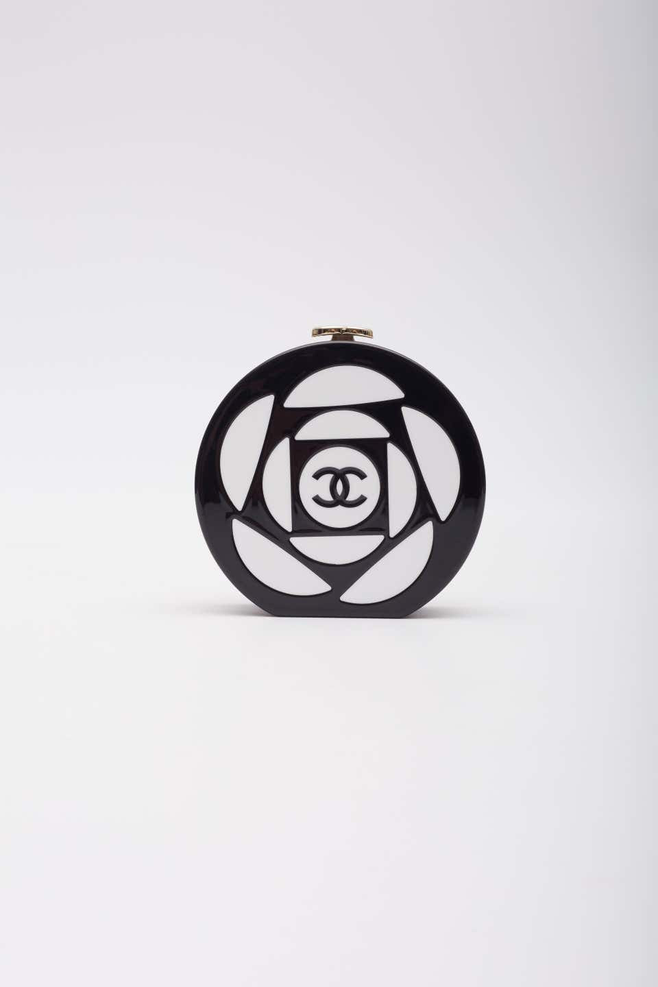 Chanel Resin Plexi Black White CC Camellia Minaudiere Clutch