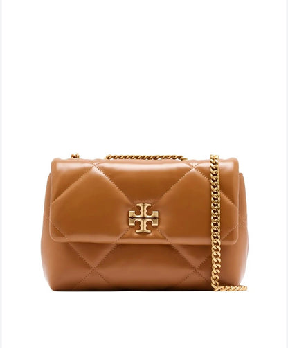 Tory Burch Kira Diamond-Quilted Convertible Shoulder Bag in camel brown nappa leather