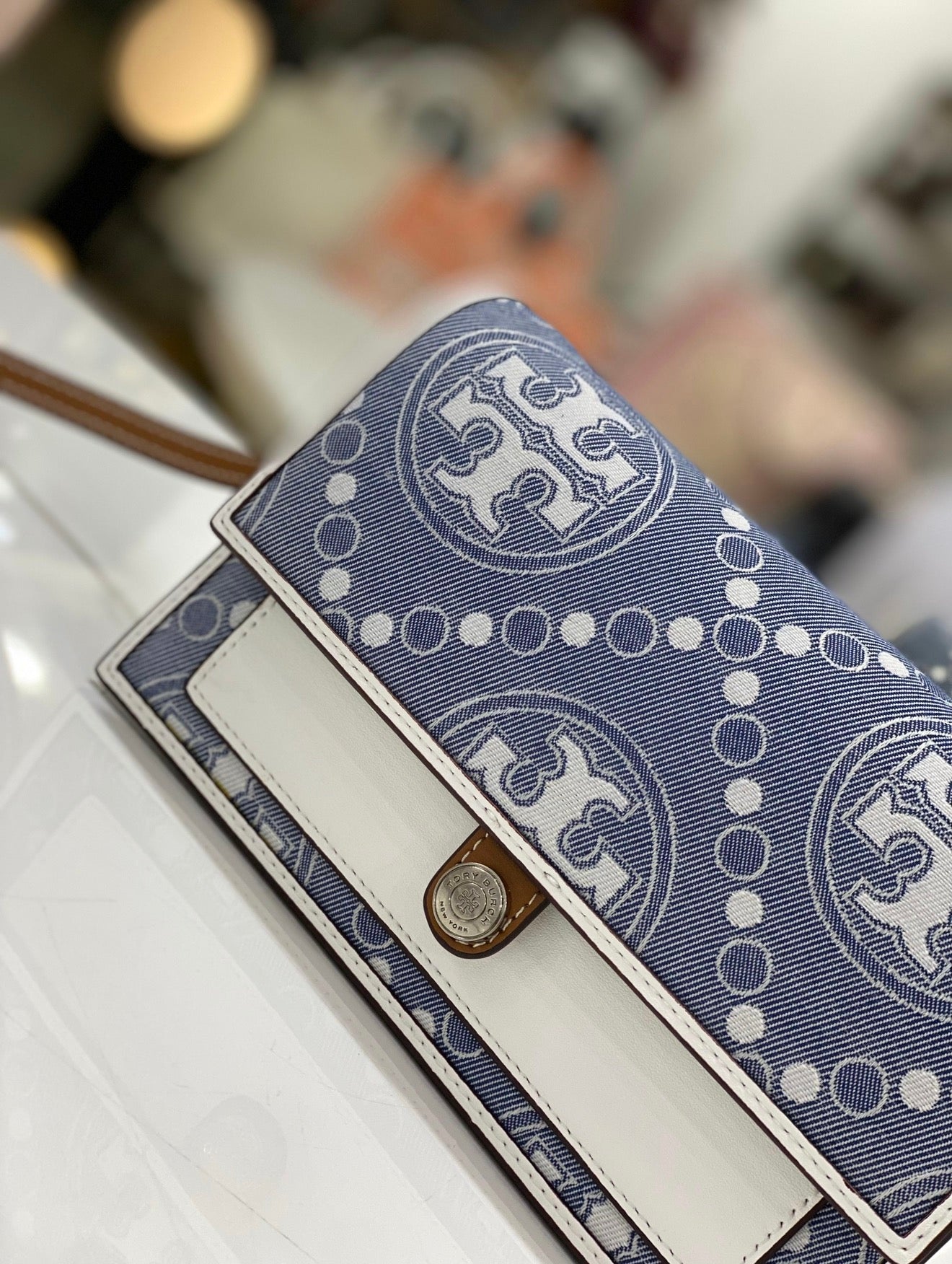 Tory Burch T Monogram Denim Wallet Crossbody in Pearl Blue