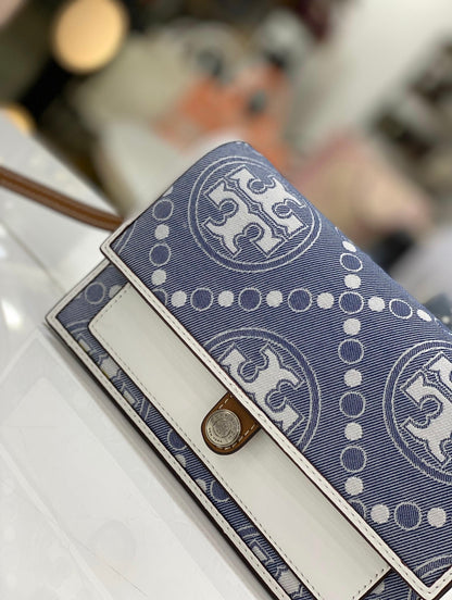 Tory Burch T Monogram Denim Wallet Crossbody in Pearl Blue
