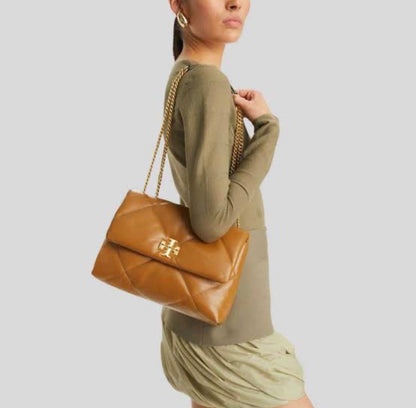 Tory Burch Kira Diamond-Quilted Convertible Shoulder Bag in camel brown nappa leather