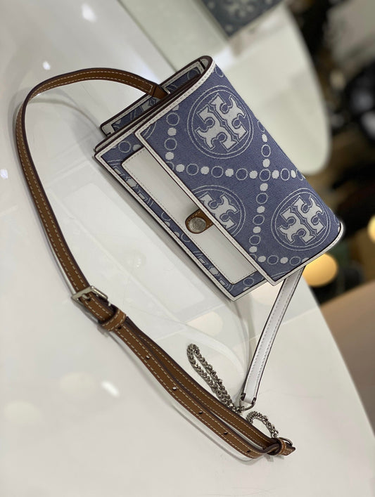 Tory Burch T Monogram Denim Wallet Crossbody in Pearl Blue